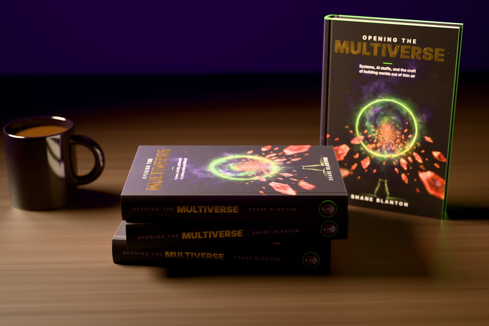 Several copies of Opening the Multiverse stacked on a desk, with one copy standing