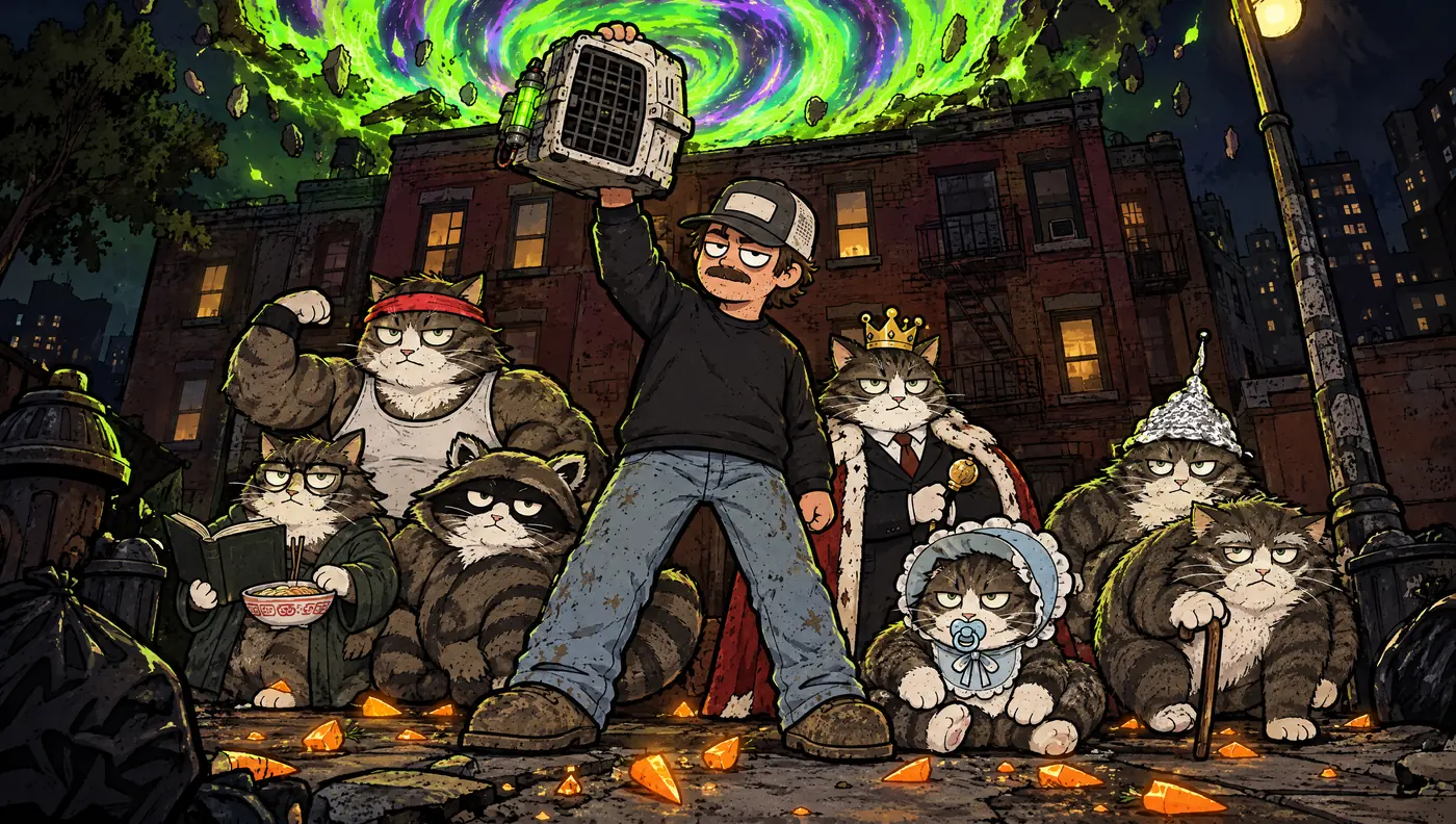 The trainer holds up a cat carrier, surrounded by his Jerrys