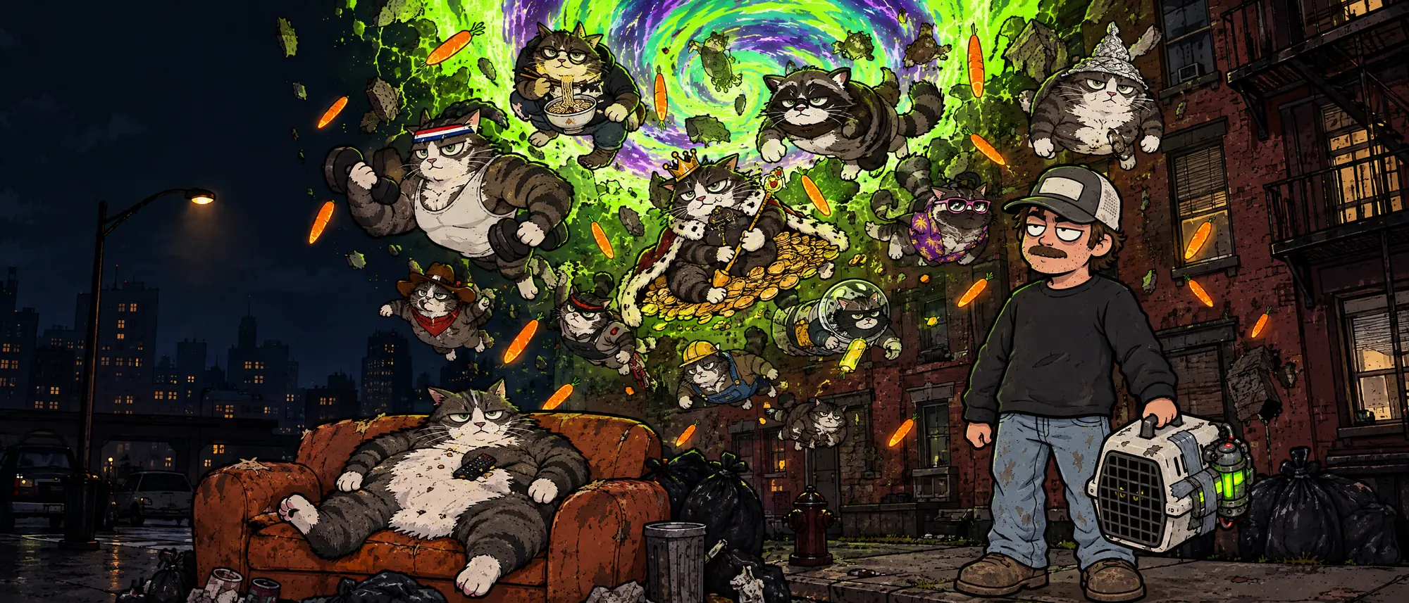 Alternate Jerrys pour out of a green portal over a city block while the trainer holds a cat carrier and Couch Jerry lounges on a curbside couch