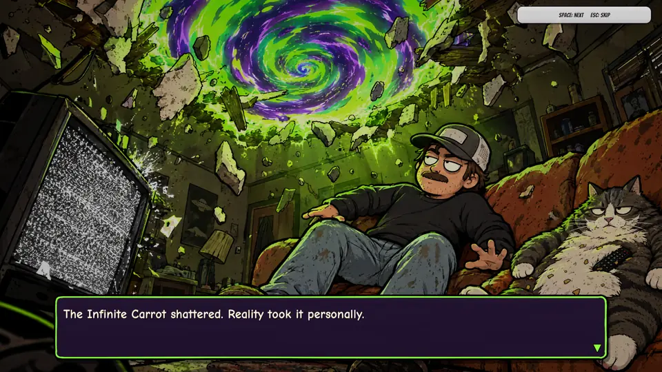 A portal tears open the ceiling above the trainer and Jerry on the couch