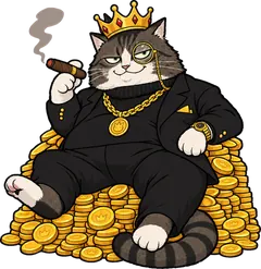 CEO Jerry in a black suit and crown, sitting on gold coins with a cigar