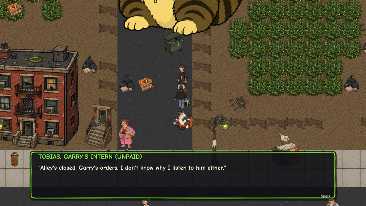 Tobias, Garry's unpaid intern, blocking the alley