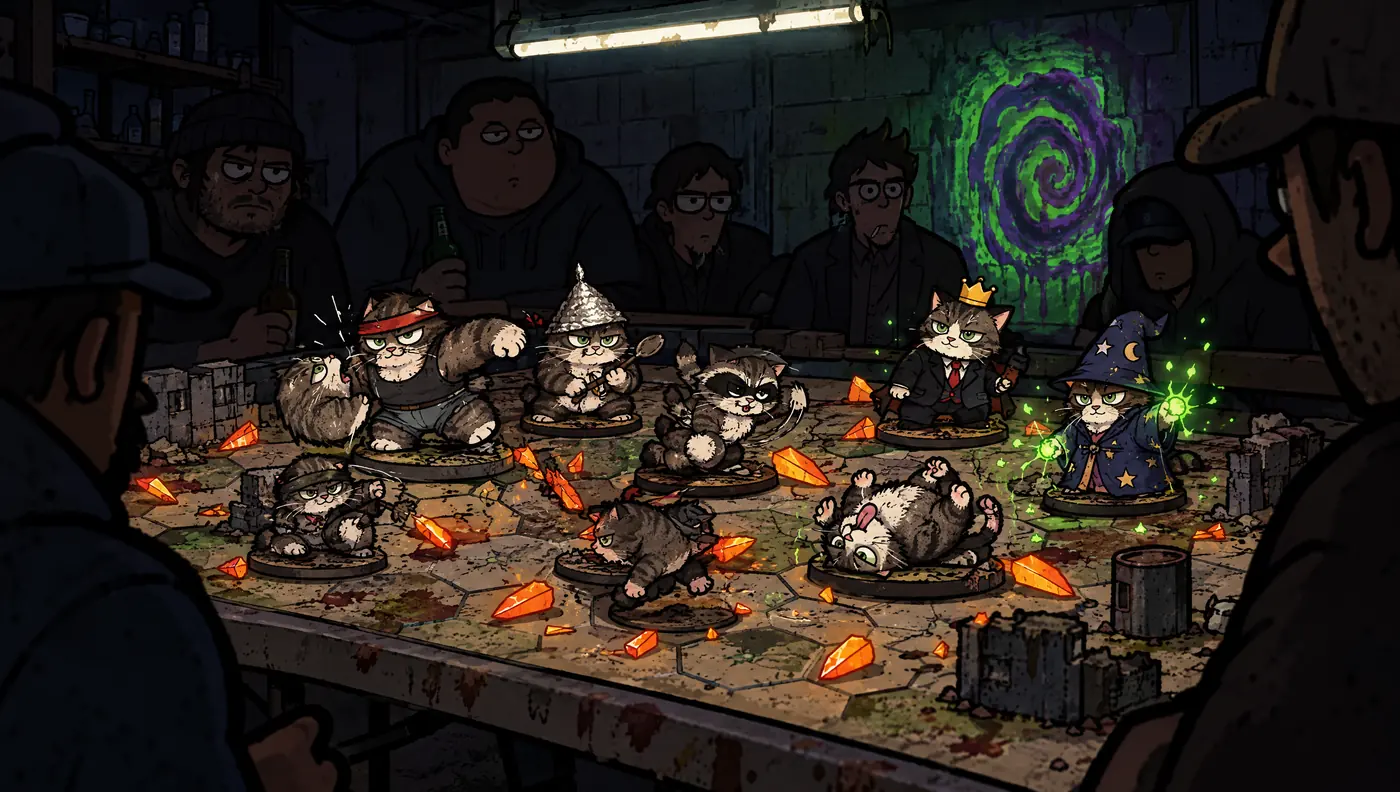 Tiny Jerrys fighting on a game mat in a bodega back room while people watch