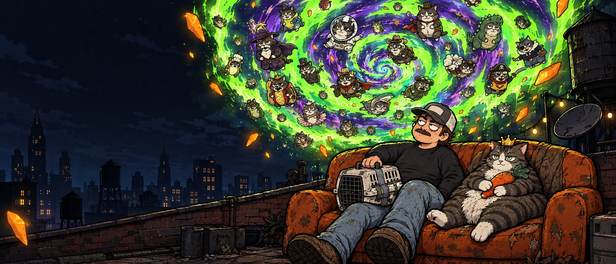 Jerry and his owner on a couch on a city rooftop at night, under a giant portal full of alternate Jerrys
