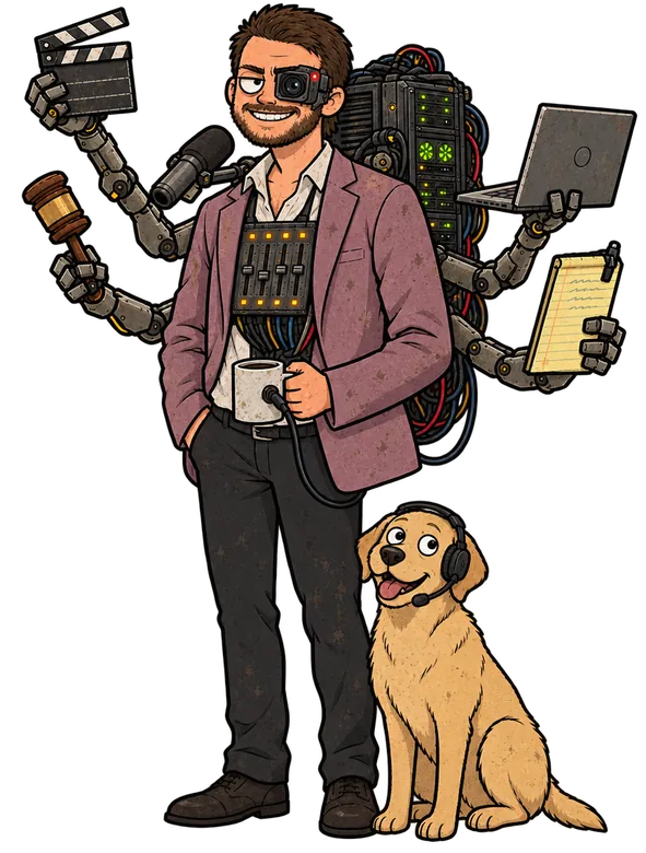 The Producer, a cyborg in a rose blazer with a camera-lens eye and four robotic arms, with his yellow Lab in a headset