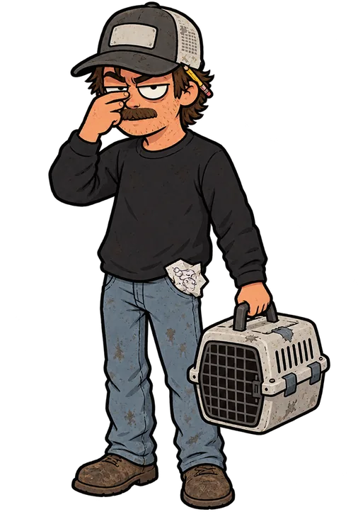 The Trainer, a man in a trucker cap holding a cat carrier