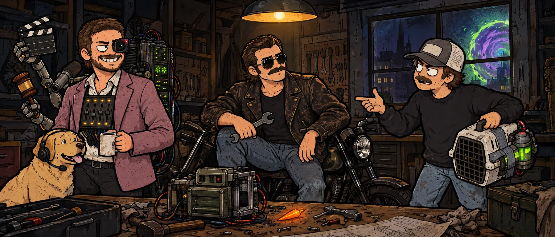 The Producer and his yellow Lab, Doc on a motorcycle seat, and the Trainer with his cat carrier, arguing in a garage workshop