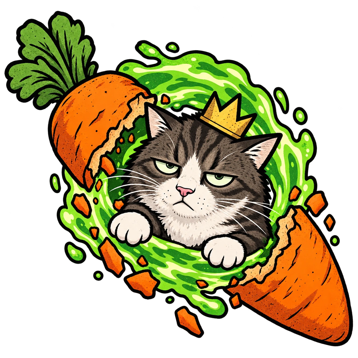 A broken carrot toy and green portal frame a sleepy crowned Jerry face and paws