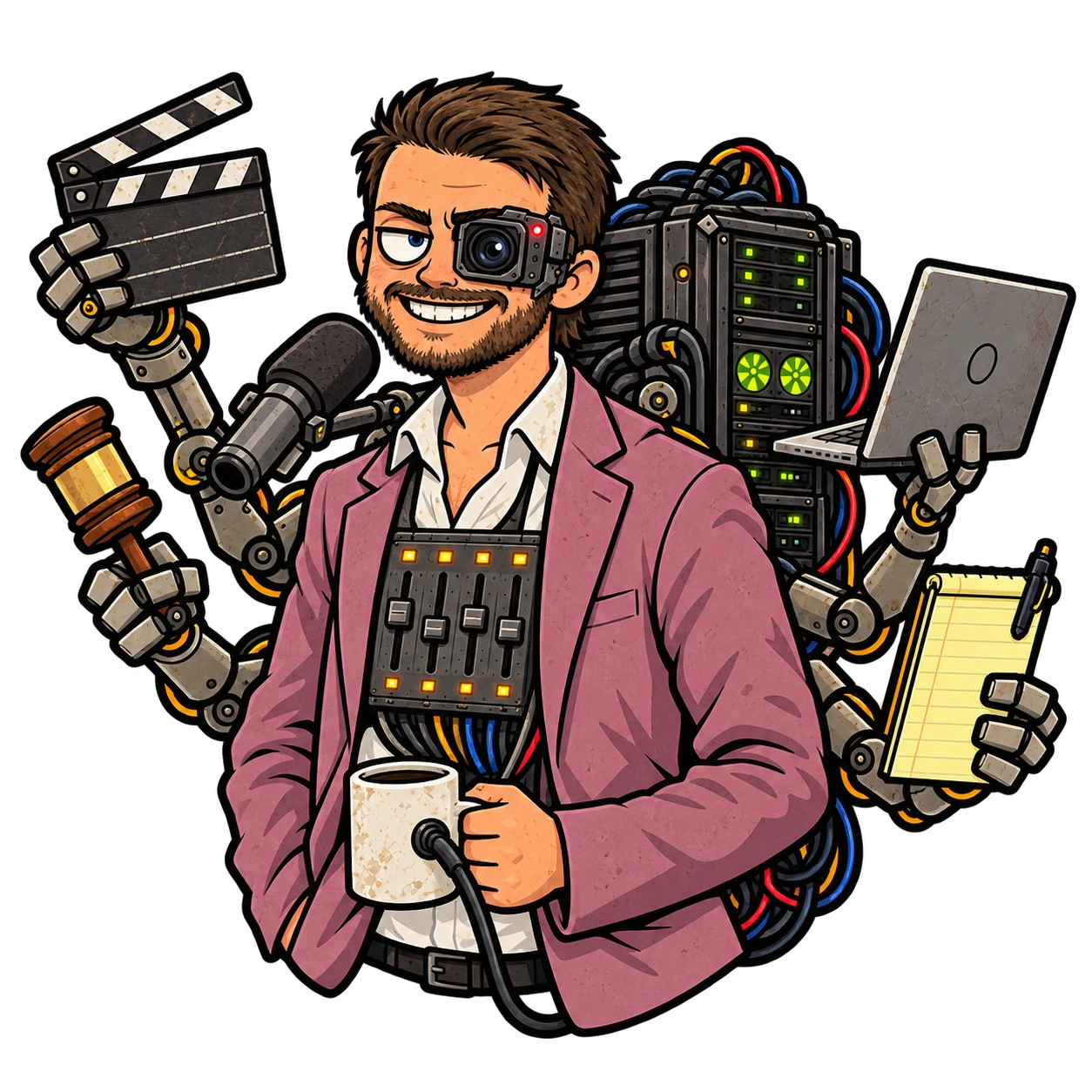 The cyborg Producer in his rose blazer with camera eye, mixing board, server rack, four equipment arms and cable-connected coffee