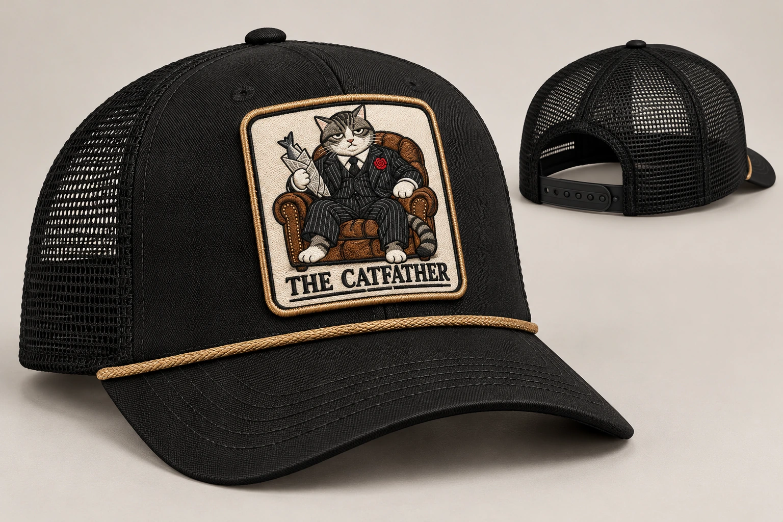 Black rope-front trucker concept with muted gold rope and an embroidered Catfather in his pinstripe suit and leather chair