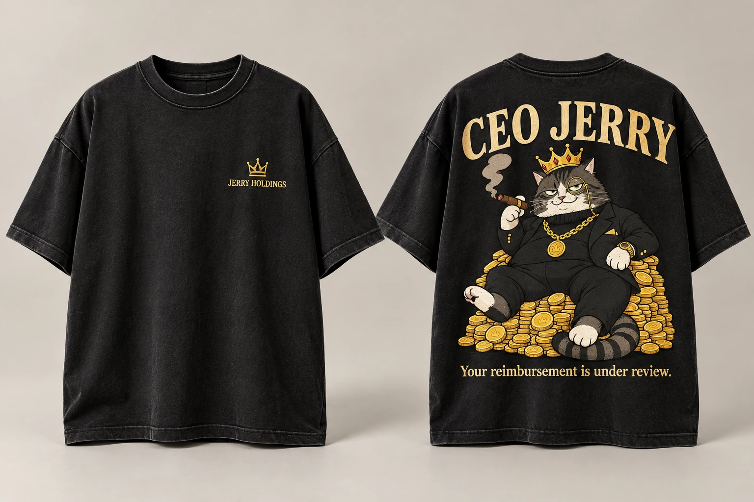 Black CEO Jerry tee concept with gold crown chest mark and CEO Jerry lounging on coins on the back