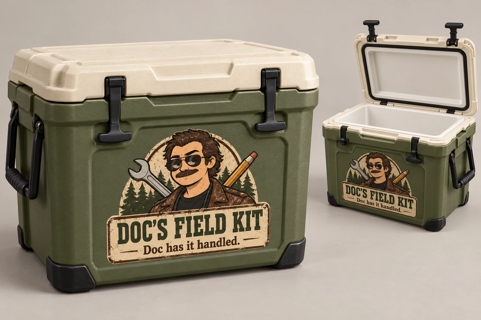 Doc’s cream-and-olive hard-sided icebox cooler, shown closed and open
