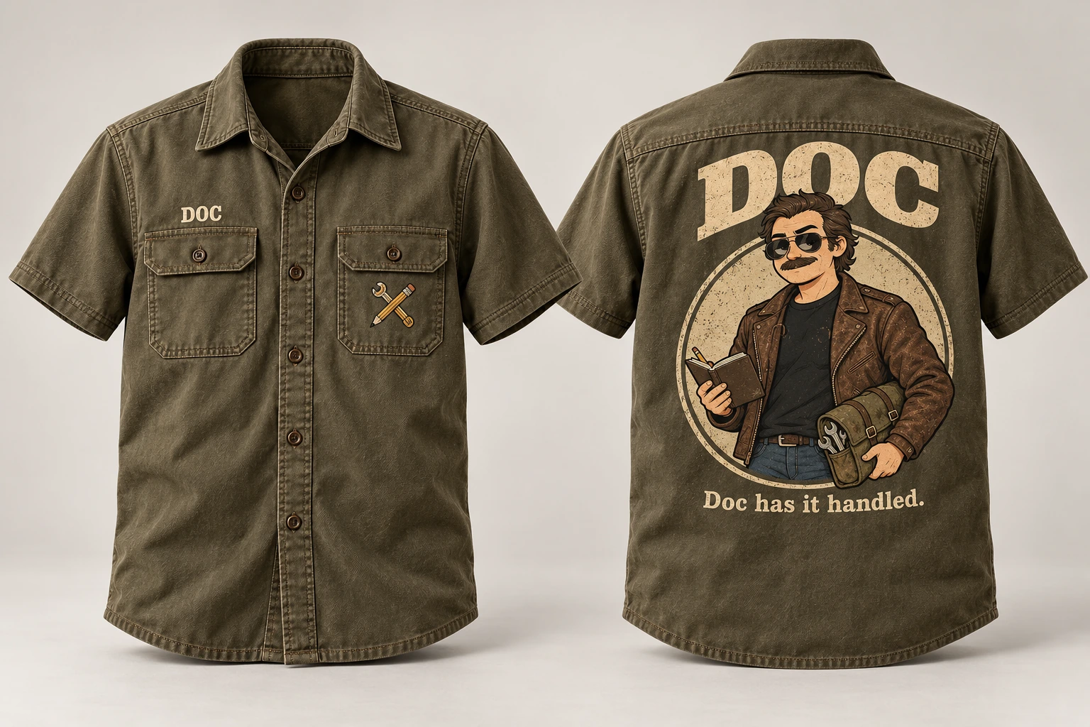 Olive mechanics workshirt concept with DOC chest embroidery and a mustached aviator-sunglasses Doc back graphic