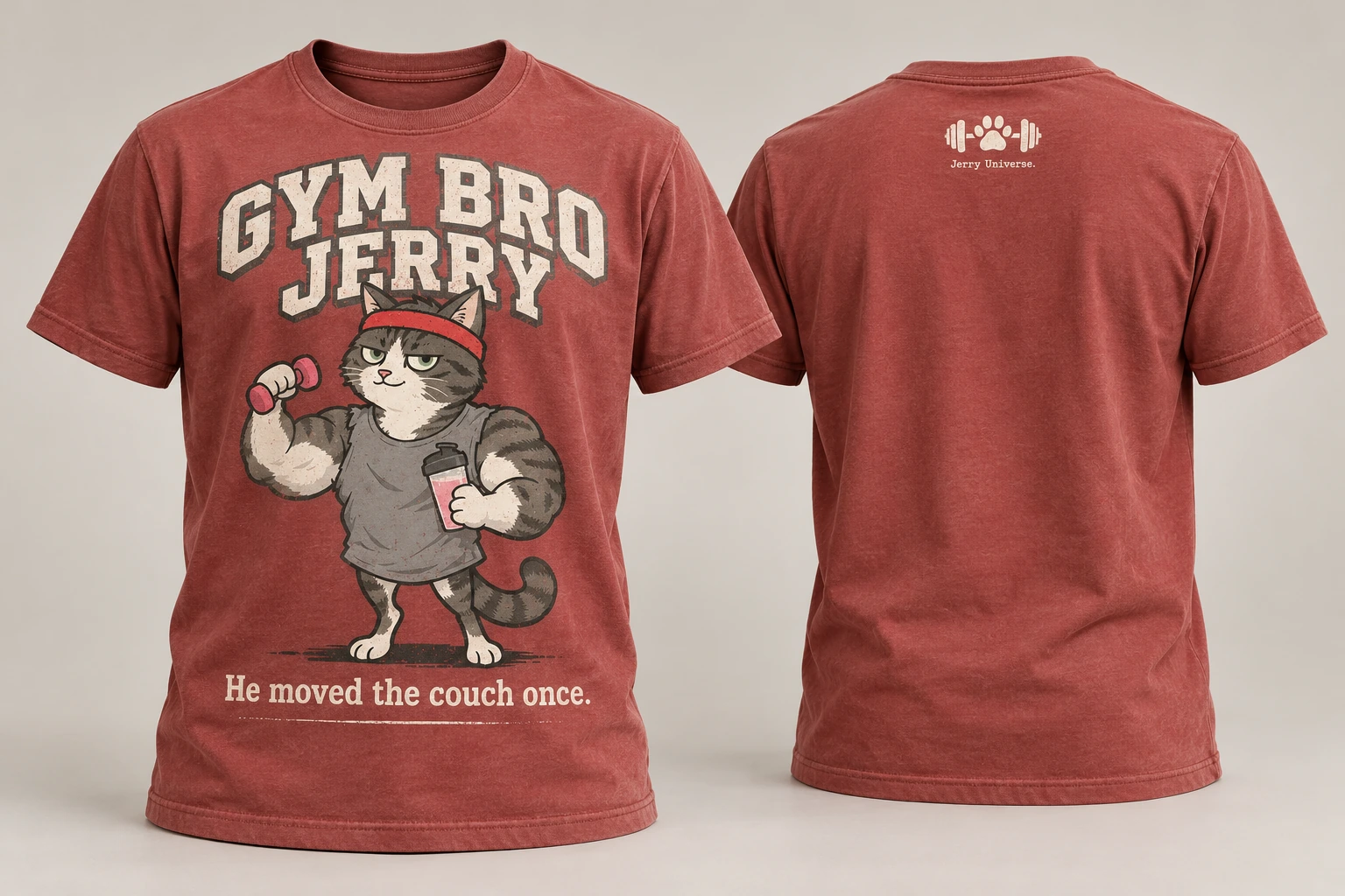 Brick-red Gym Bro Jerry tee concept with headband, dumbbell and shaker character graphic