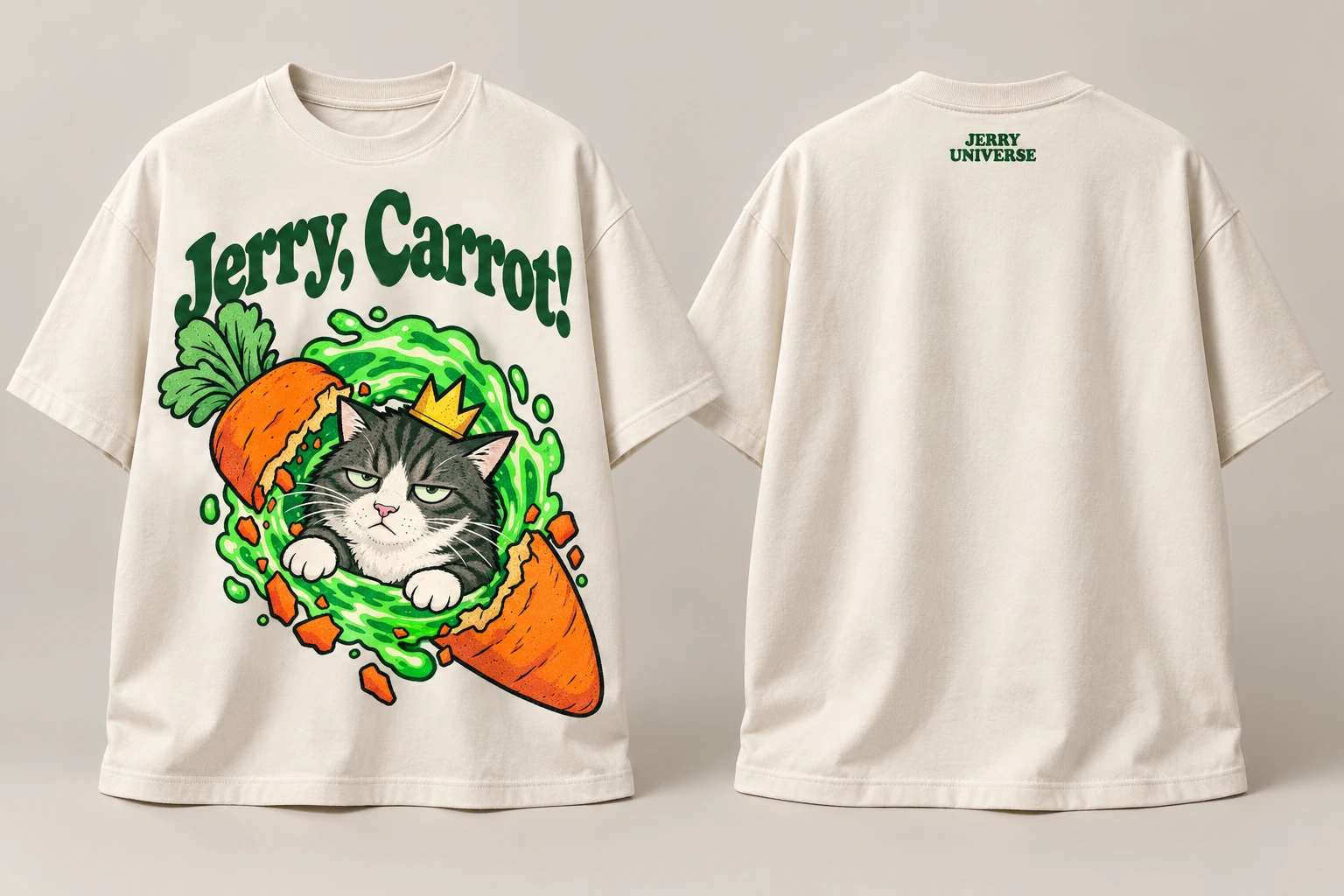 Bone-colored Jerry tee with carrot-and-portal artwork and the exact phrase Jerry, Carrot!