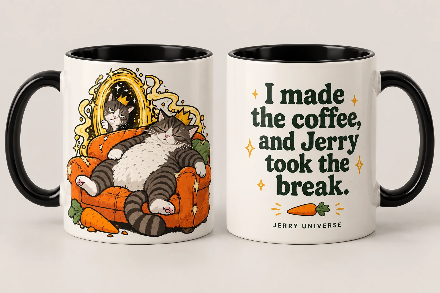 White and black coffee mug concept with sleeping Jerry couch art and the phrase I made the coffee, and Jerry took the break