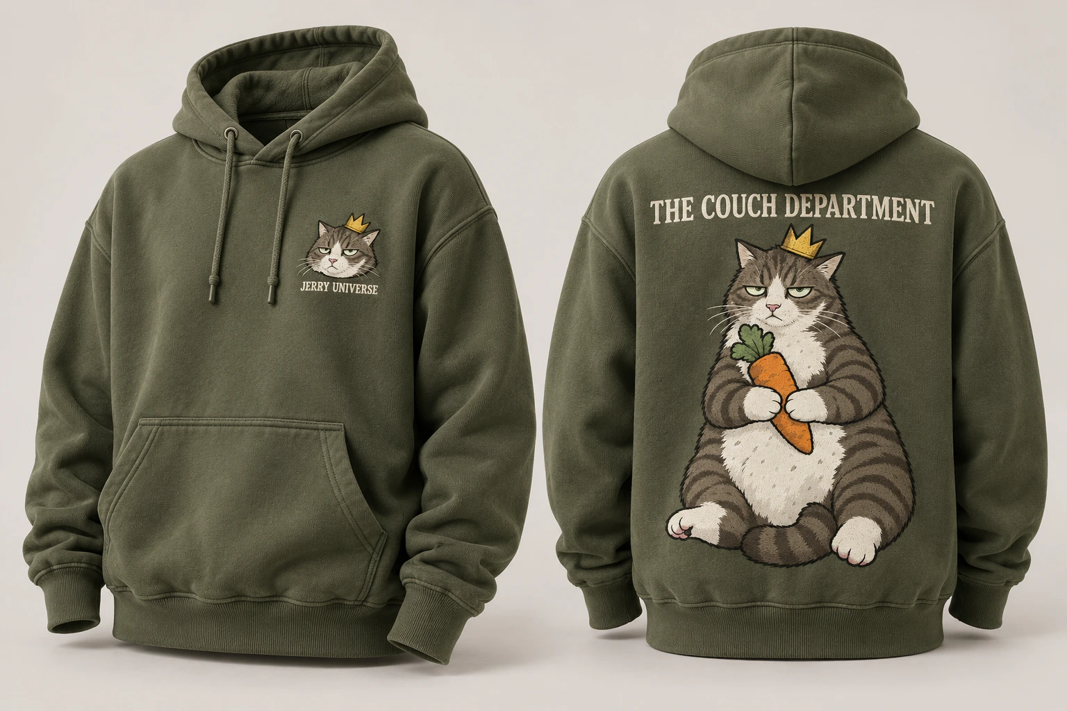 Studio-rendered olive heavyweight Jerry hoodie with small embroidered chest patch and large full-color back print