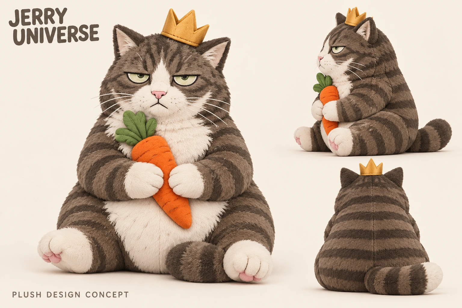 Generated plush design study with front, side and back views of crowned Jerry holding his carrot