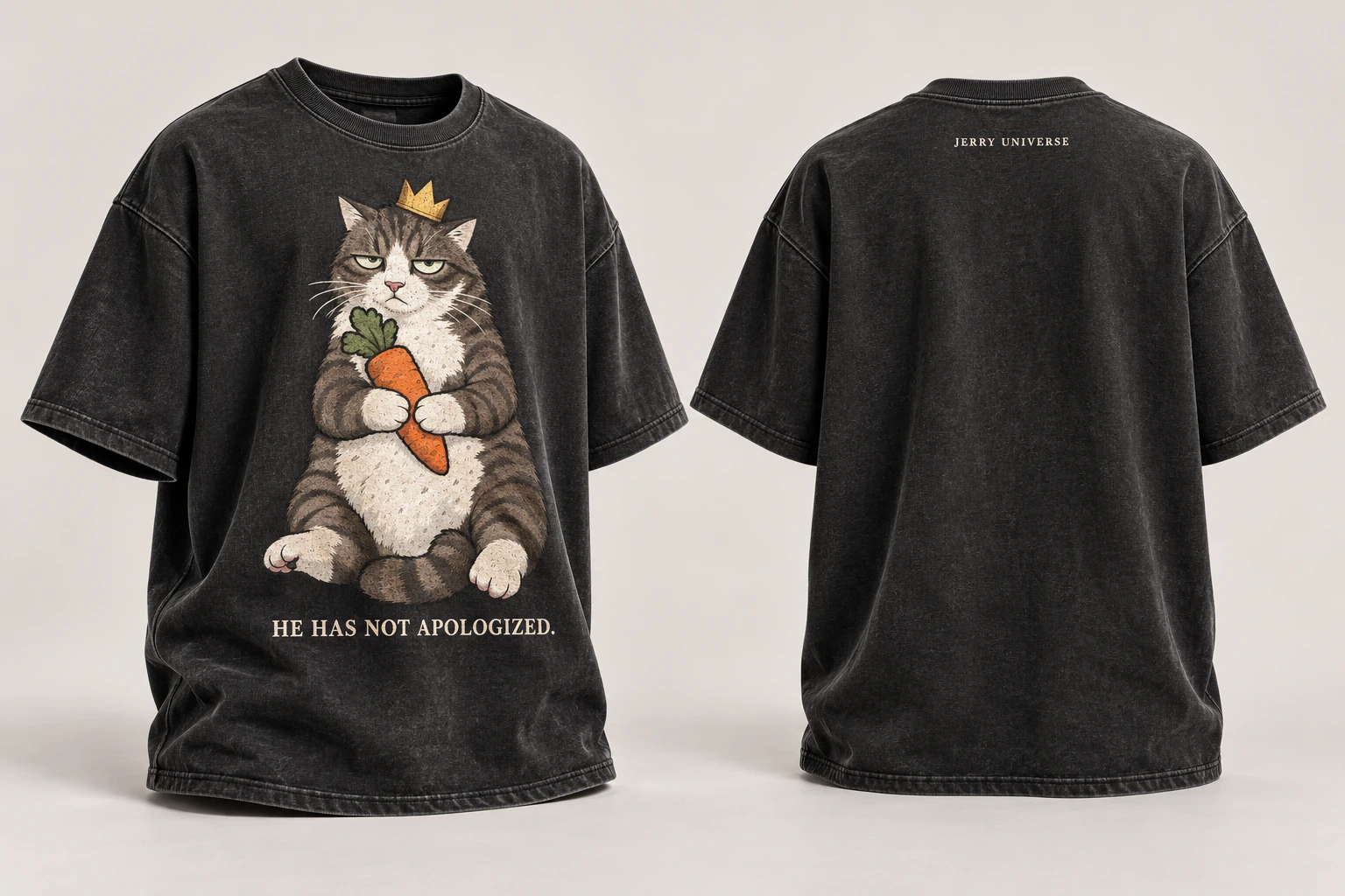 Studio-rendered washed black heavyweight Jerry tee with full-color front print and small upper-back wordmark