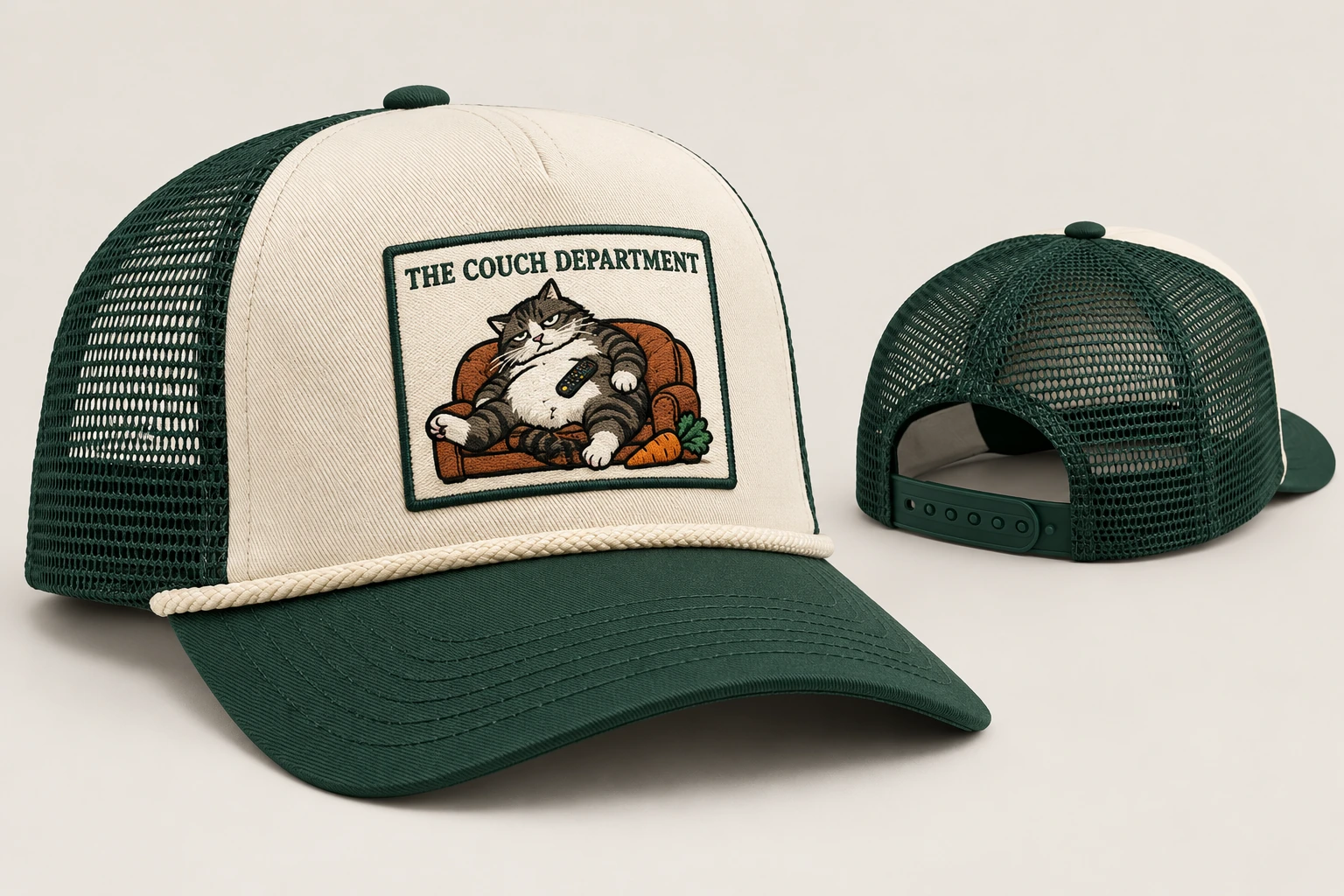 Cream and forest-green five-panel rope trucker concept with an embroidered couch Jerry scene patch