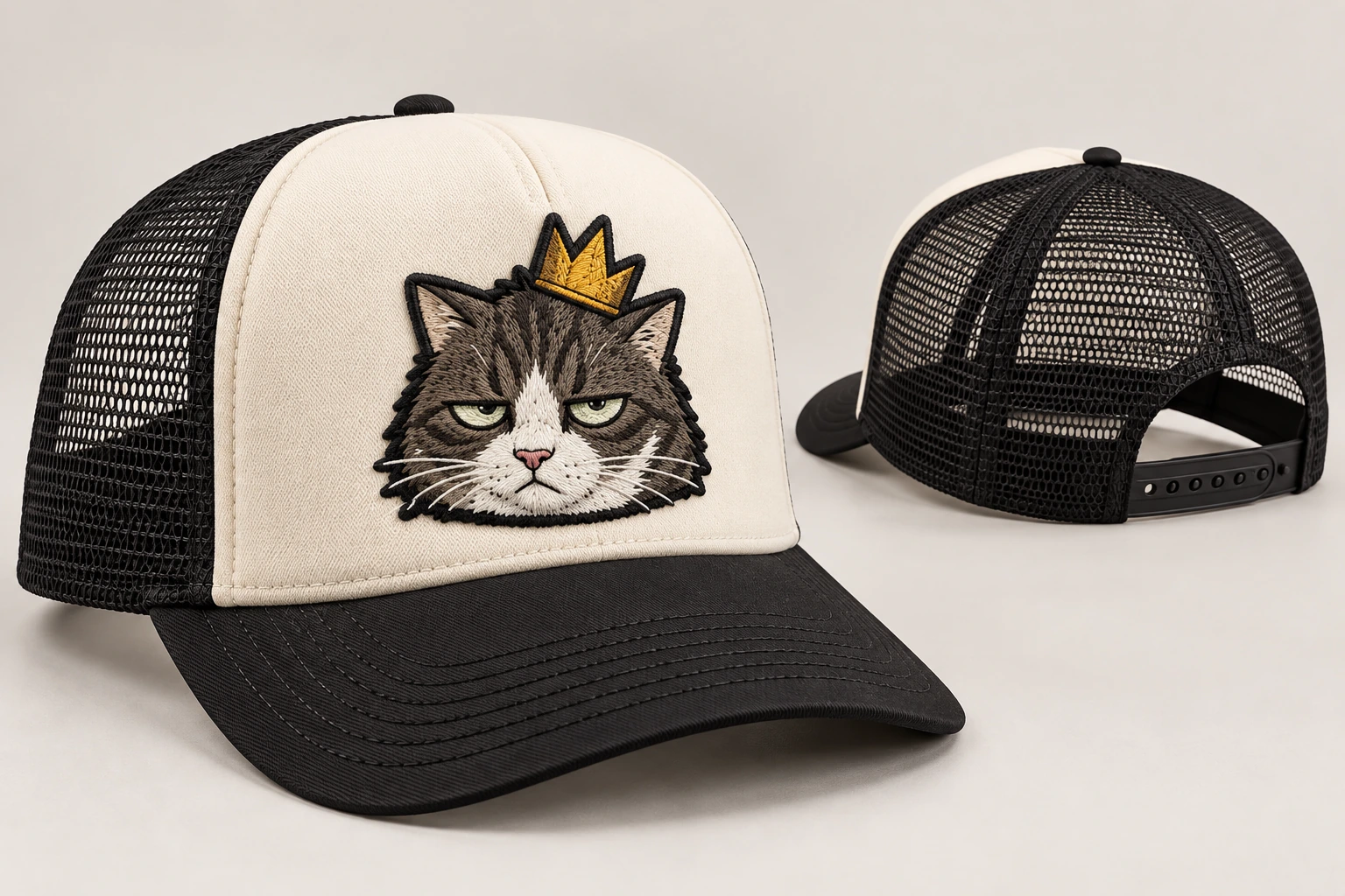 Studio-rendered cream foam-front trucker hat with a black curved brim, black mesh back, snapback and embroidered crowned Jerry head patch