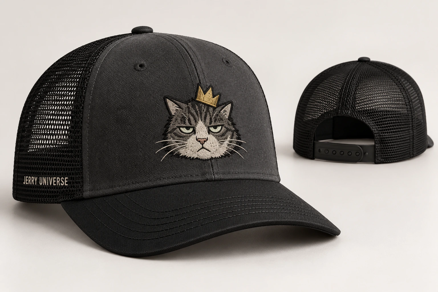 Charcoal six-panel trucker concept with black mesh and a small tonal embroidered crowned Jerry head