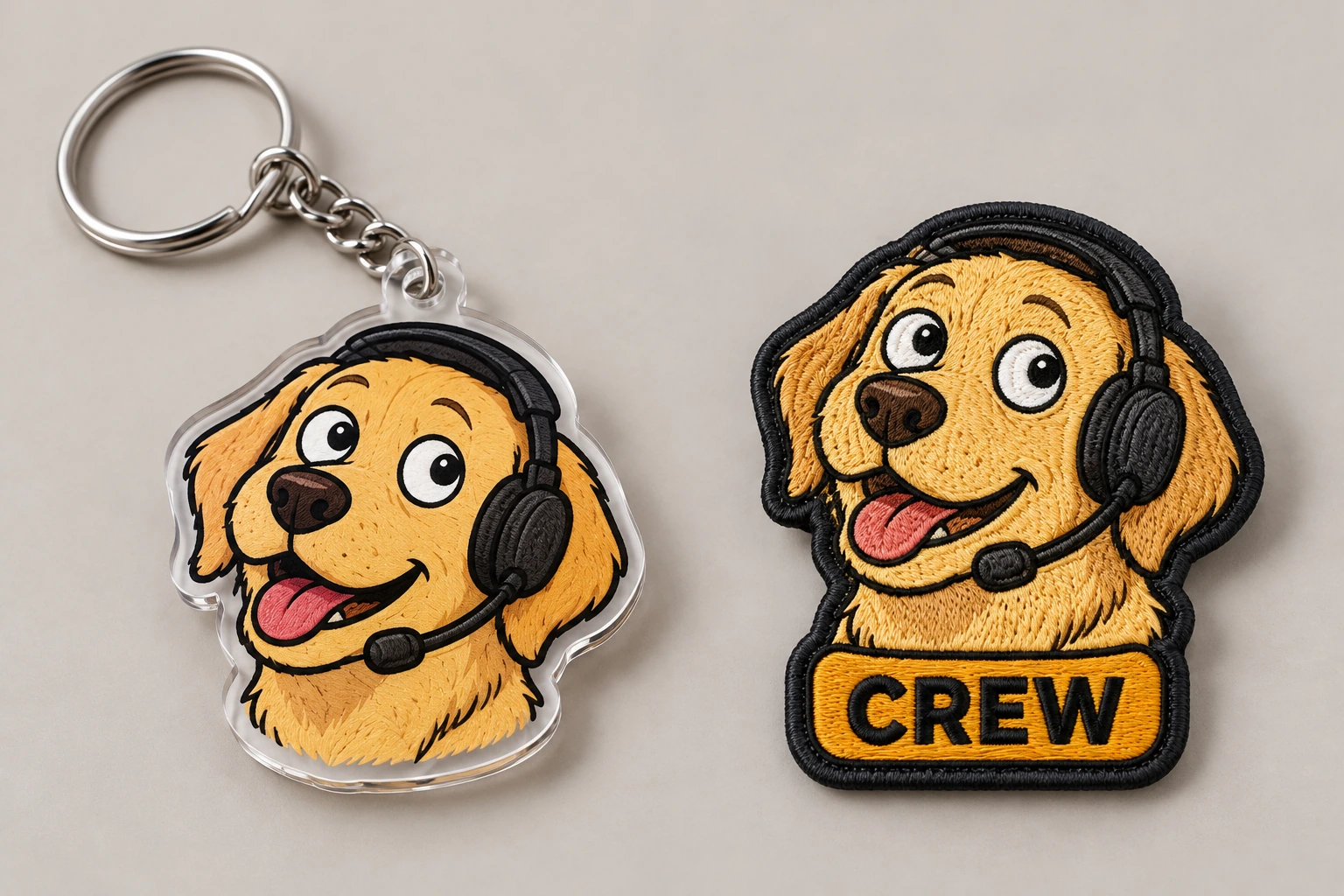 Two-piece accessory set concept showing the Producer’s yellow Labrador in a headset as an acrylic keychain and embroidered CREW patch
