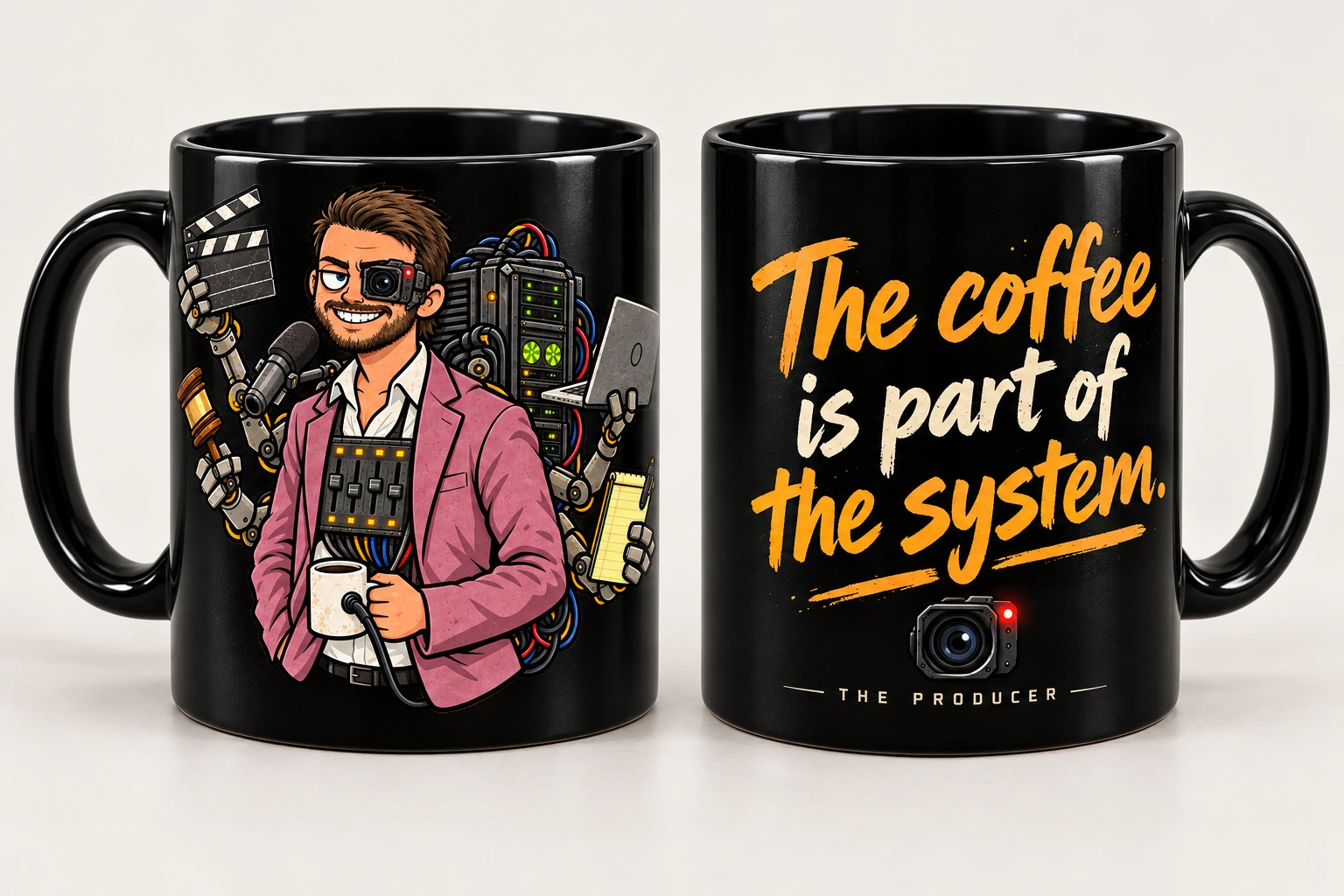 Black ceramic Producer coffee mug concept with the cyborg character and the phrase The coffee is part of the system
