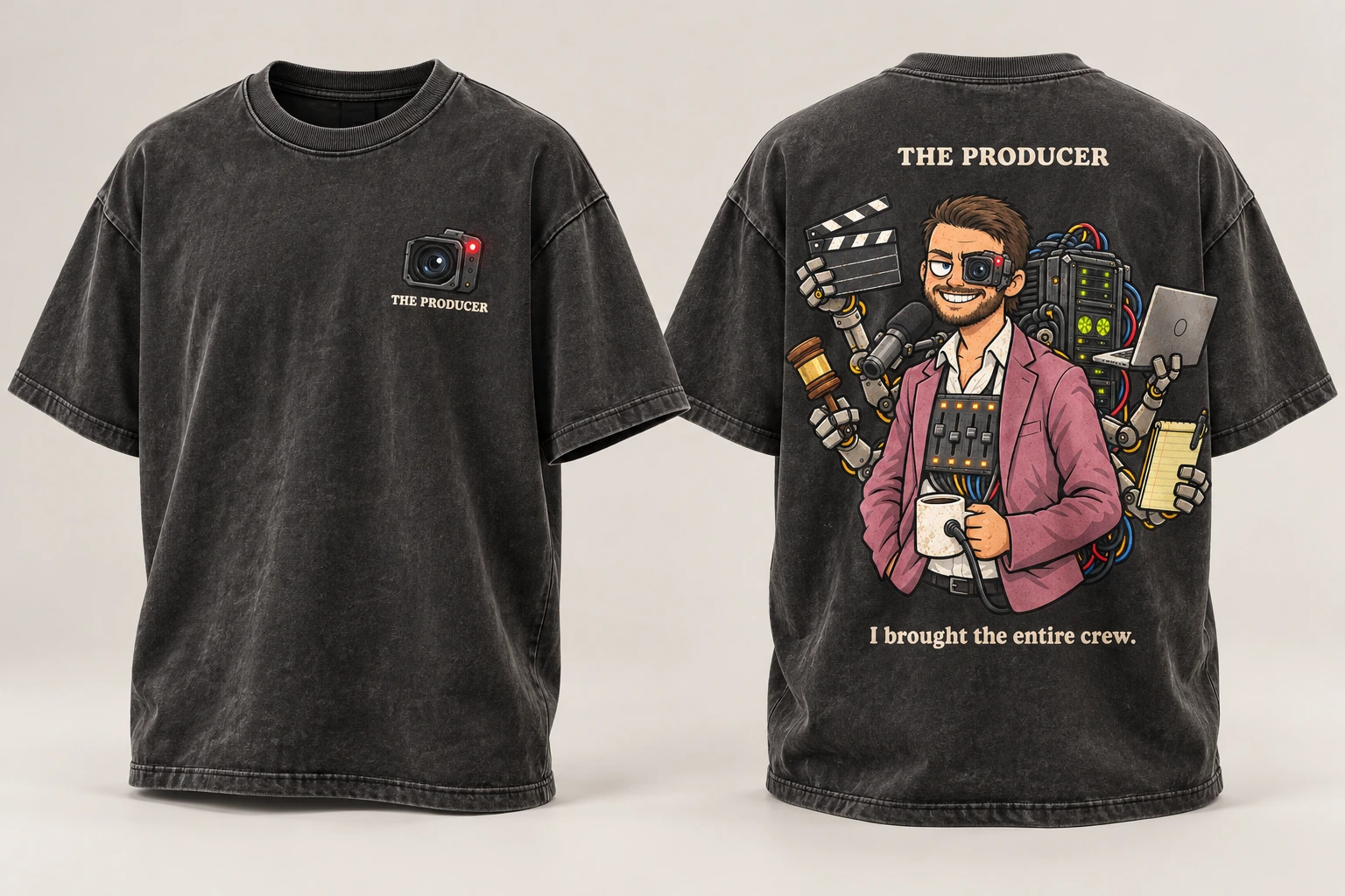 Washed-charcoal Producer tee concept showing a lens chest mark and the rose-blazer cyborg character with equipment arms on the back