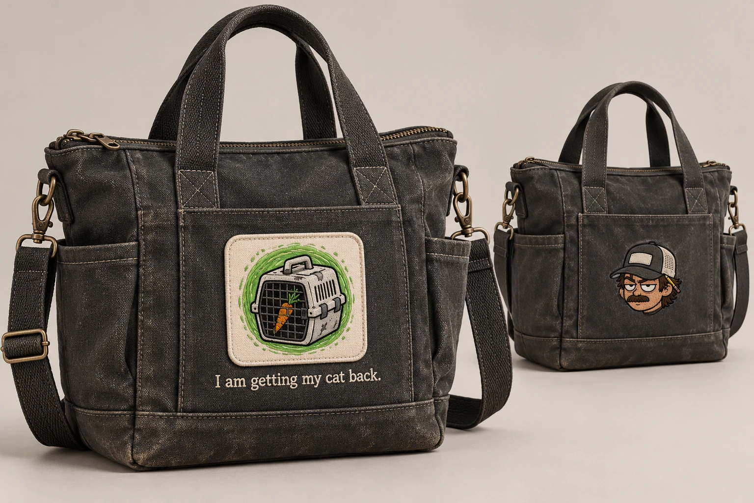 Charcoal zip-top canvas field bag concept with shoulder strap and cat-carrier/portal patch