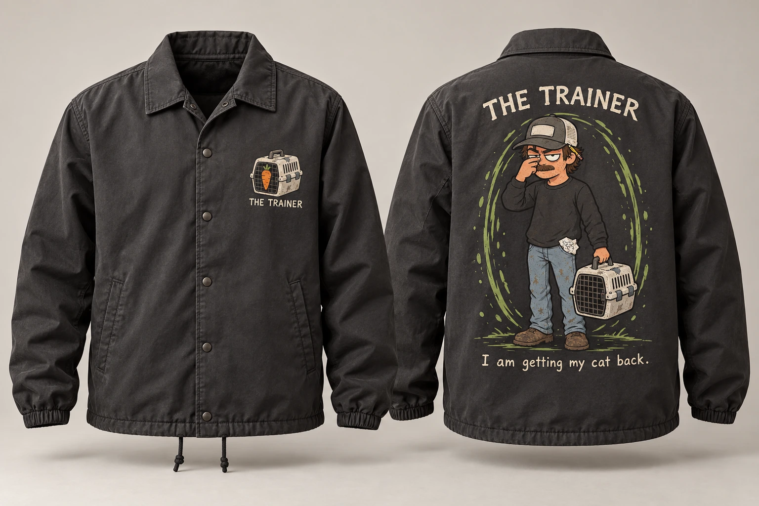 The Trainer’s charcoal field jacket with carrier mark and back character art