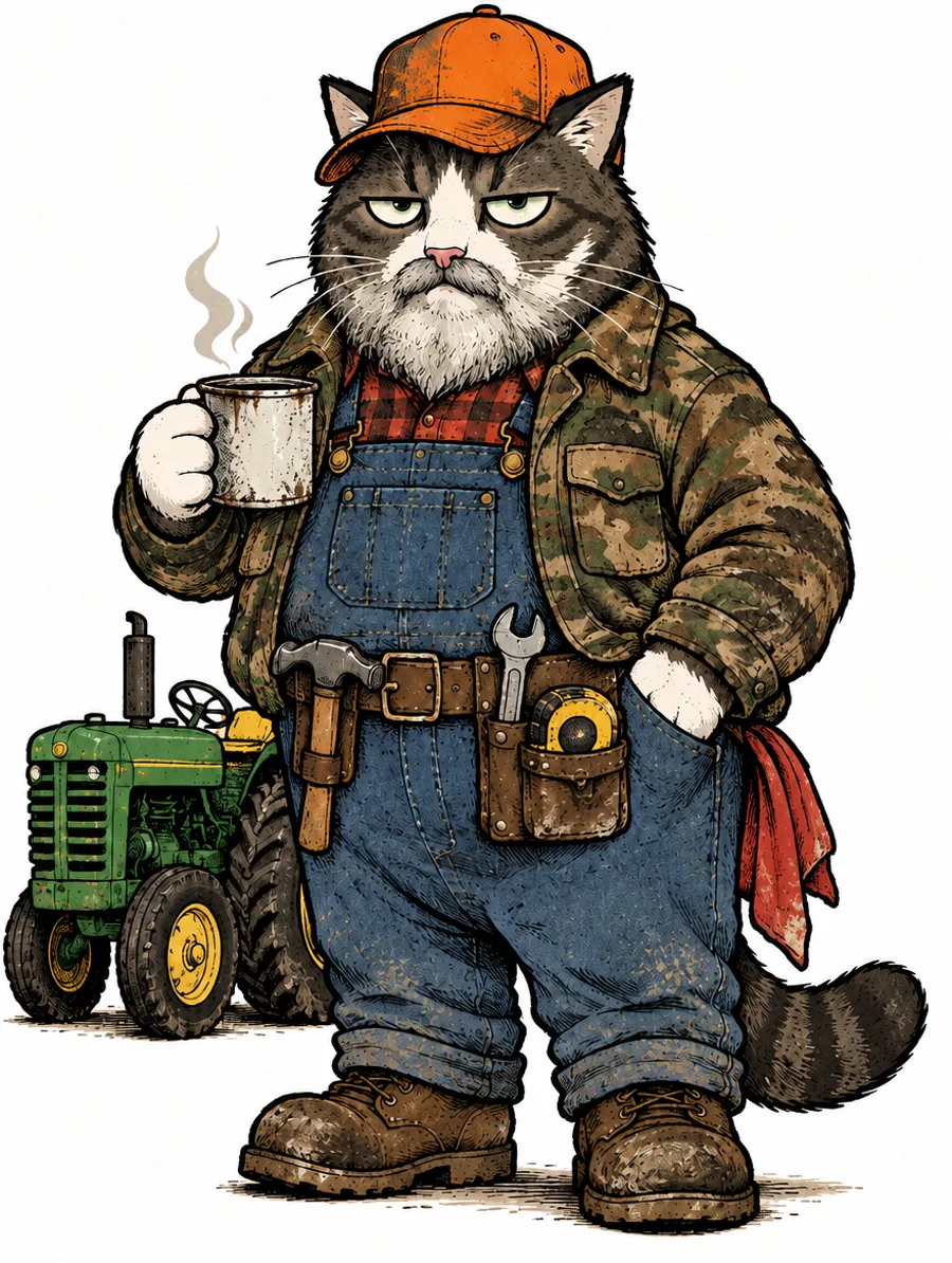 Pop Jerry, a grey tabby with a full grey beard, an orange cap, a camo jacket, overalls and a tool belt, holding a tin cup of coffee in front of a green tractor