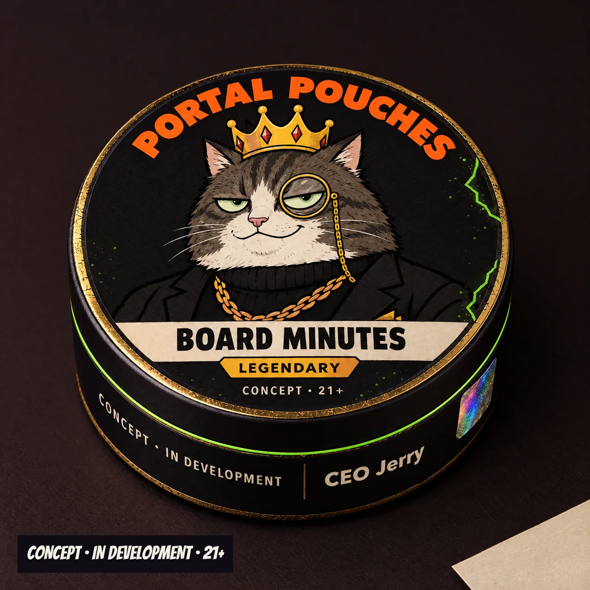 Board Minutes can concept with CEO Jerry in a black suit, crown and monocle, with a gold Legendary tab.