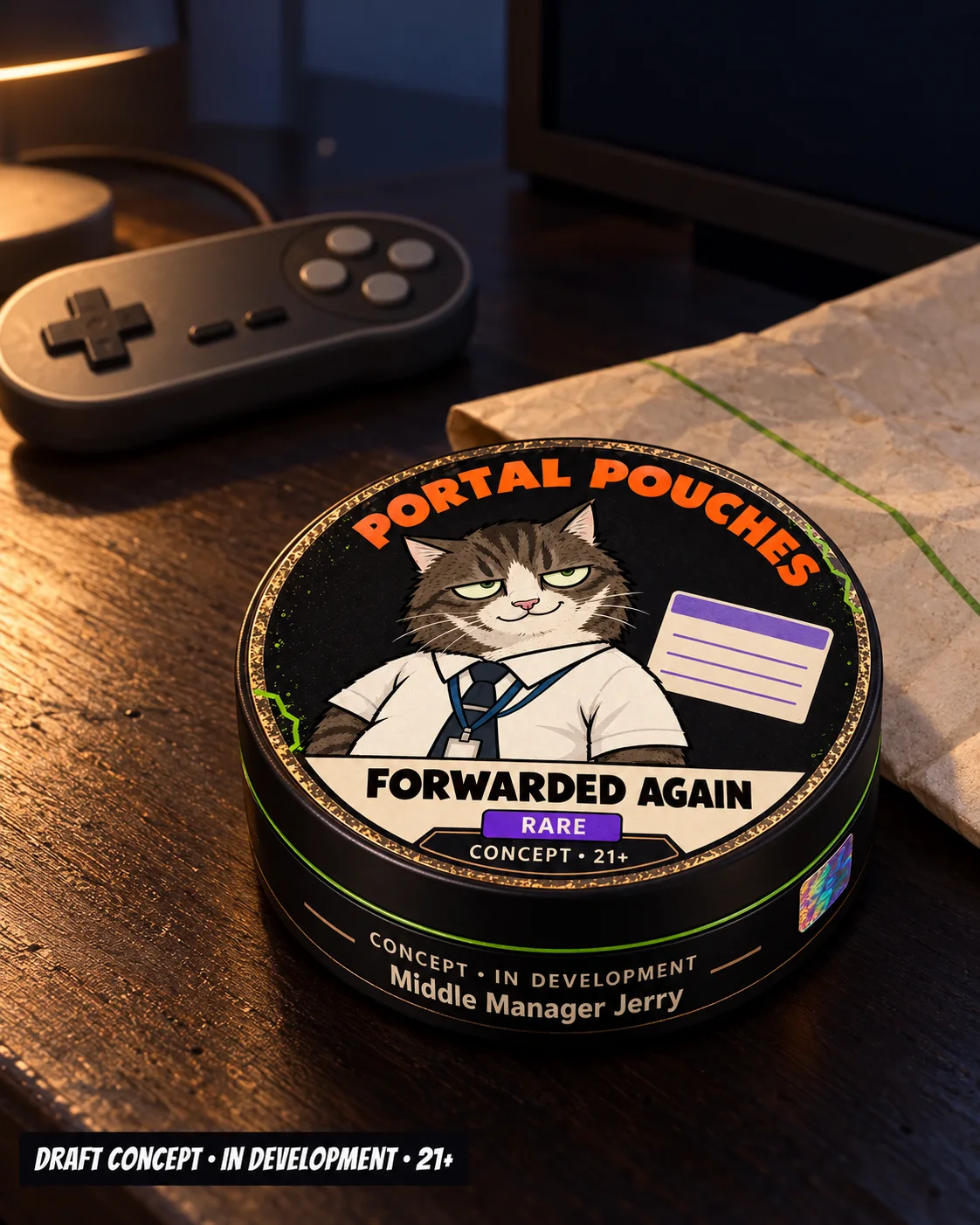 The Forwarded Again concept can on a desk at night beside a game controller.