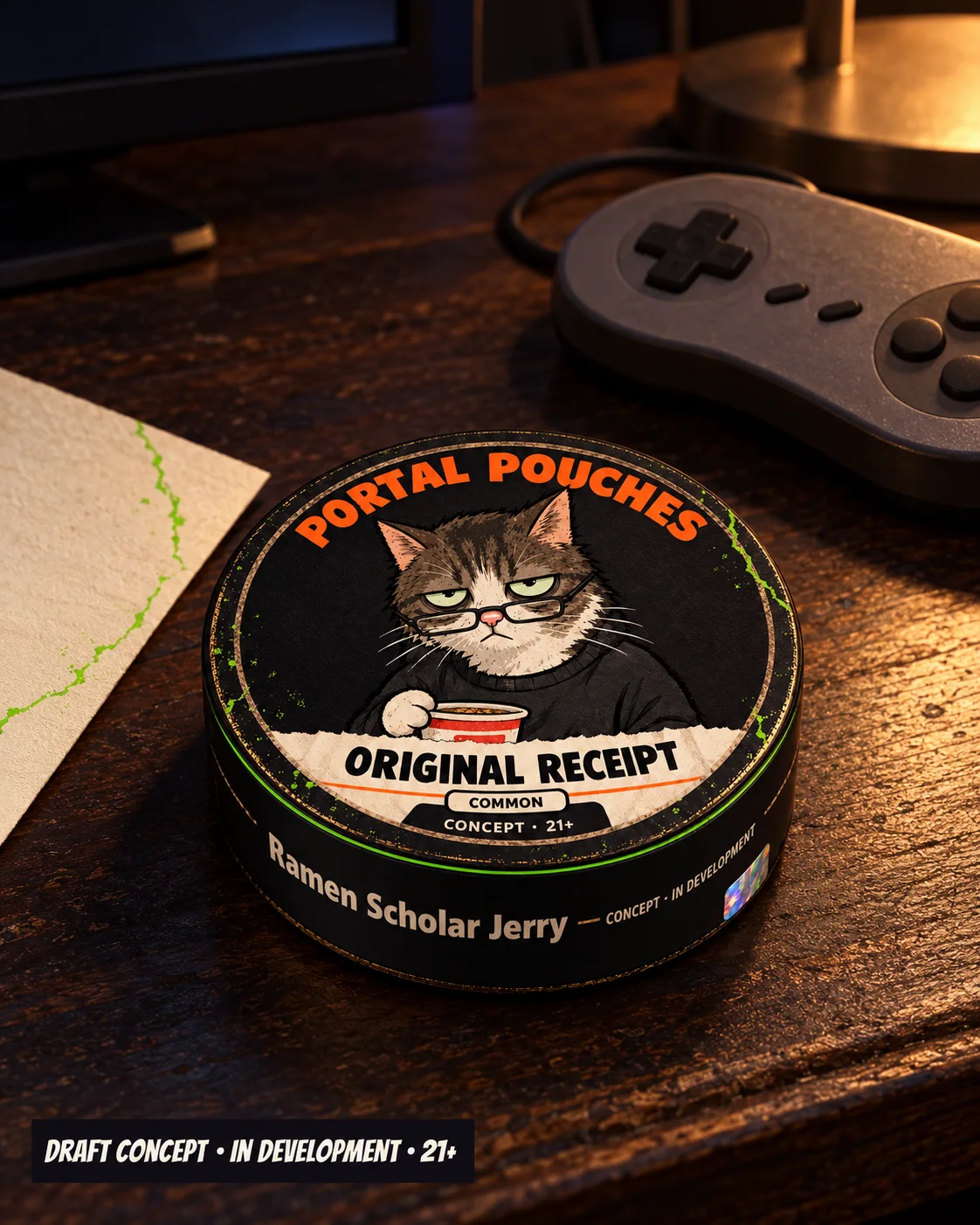 The Original Receipt concept can on a desk at night beside a game controller.