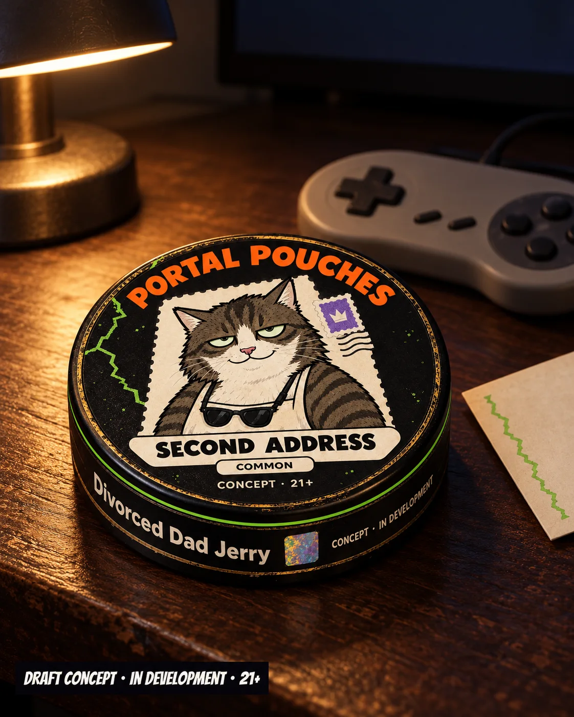 The Second Address concept can on a desk at night beside a retro game controller.