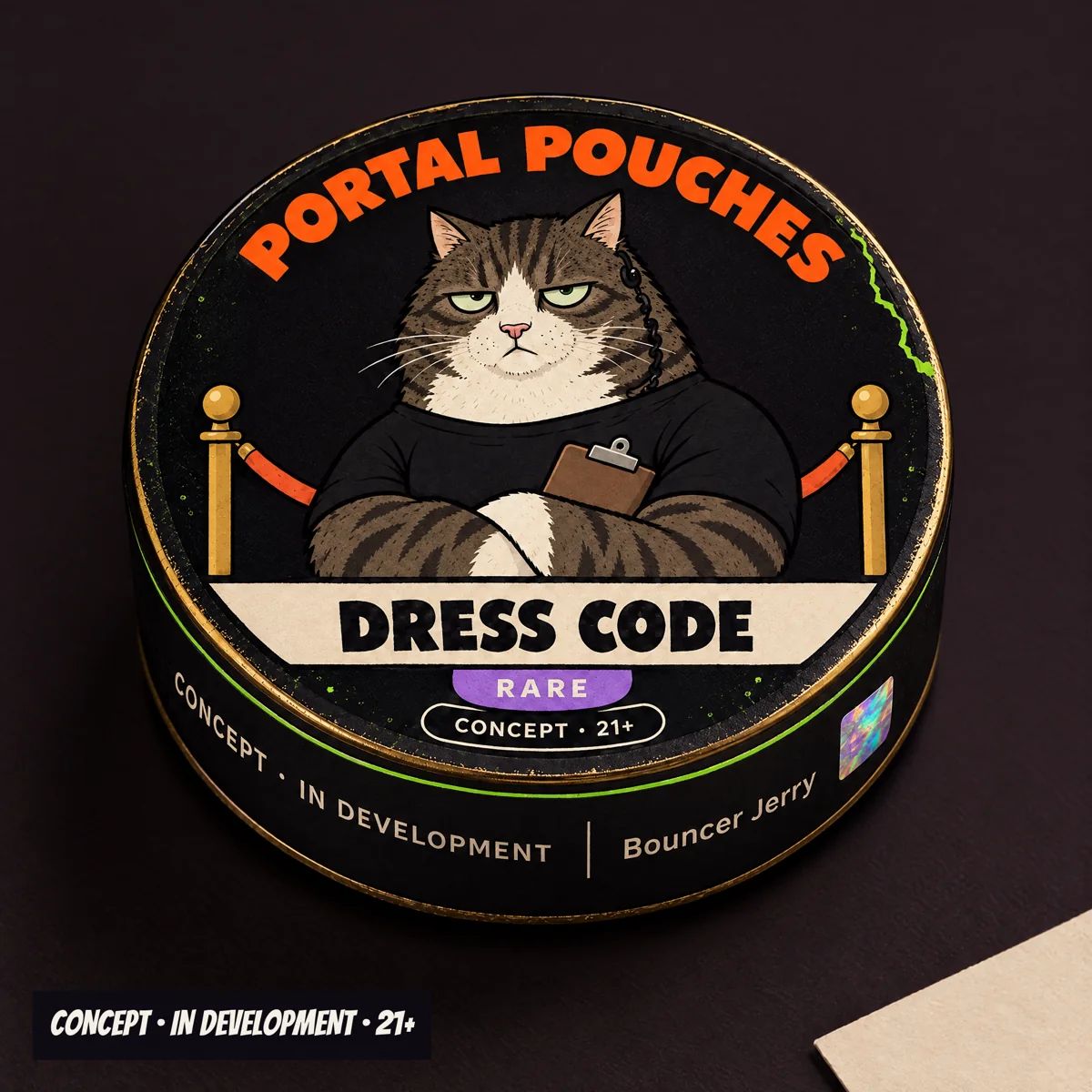 Dress Code can concept with Bouncer Jerry in a black shirt holding a clipboard, with a violet Rare tab.