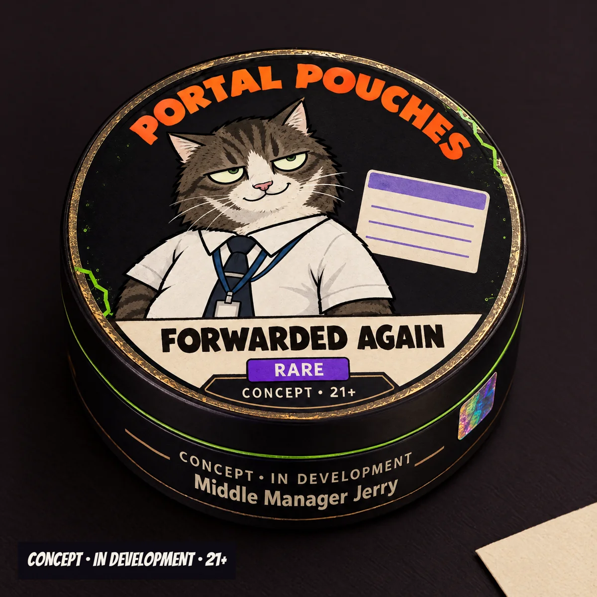 Forwarded Again can concept with Middle Manager Jerry in a white shirt and tie beside an office routing label.