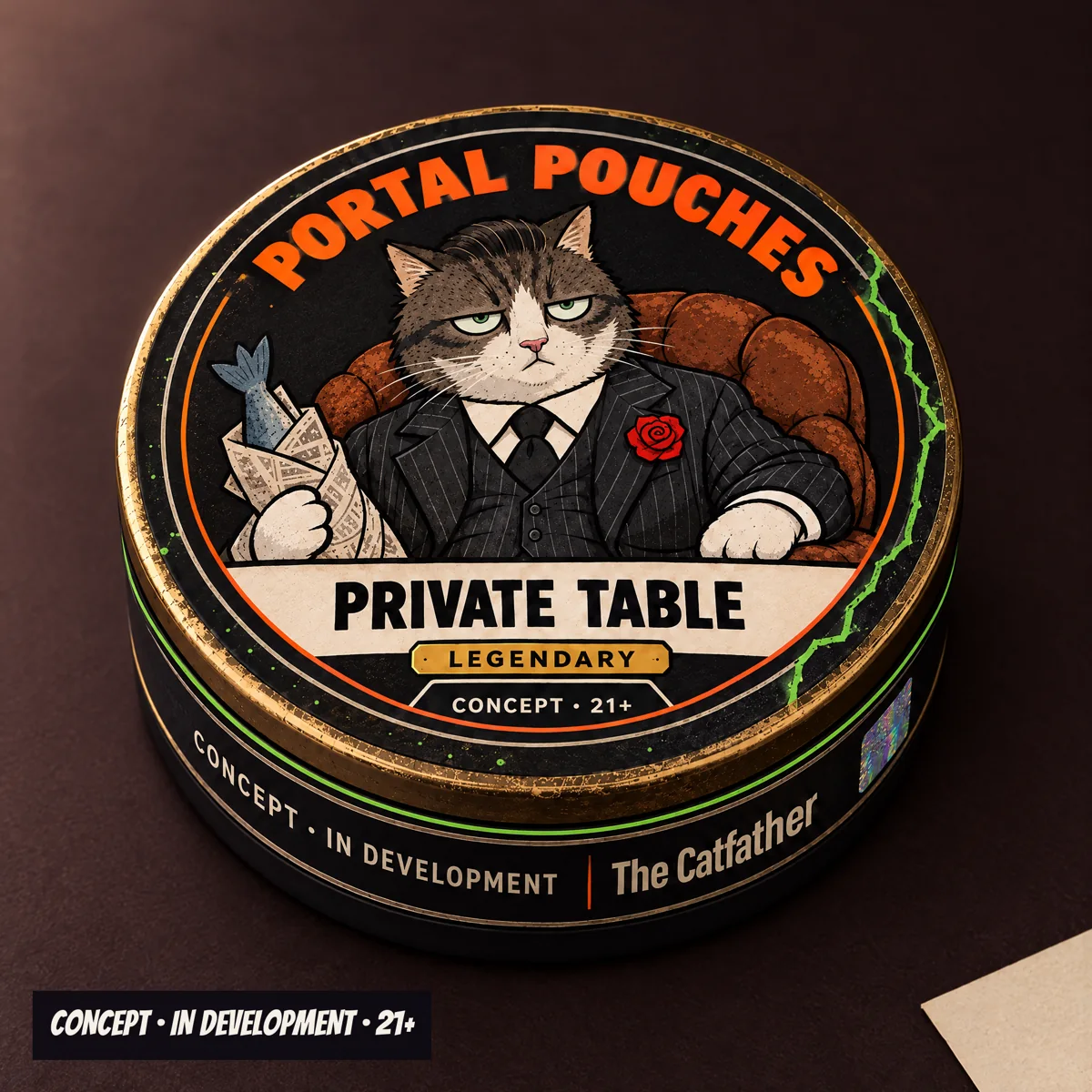 Private Table can concept with The Catfather in a pinstripe suit with a lapel rose and cream pinstripe details.