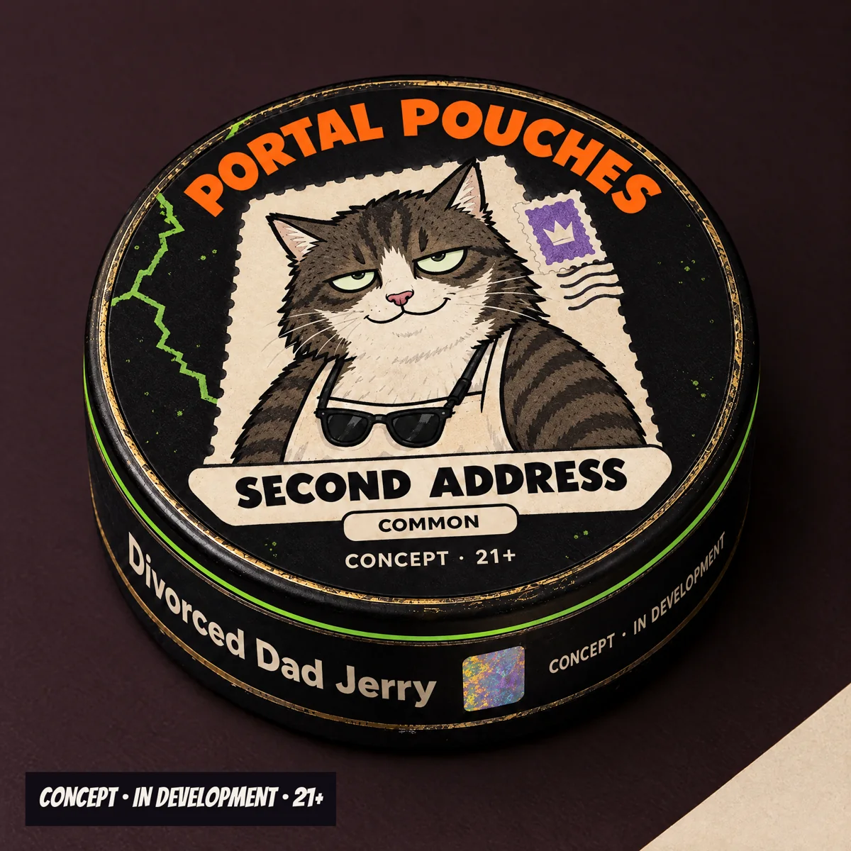 Second Address can concept with Divorced Dad Jerry in an apron and a cream address-label panel.