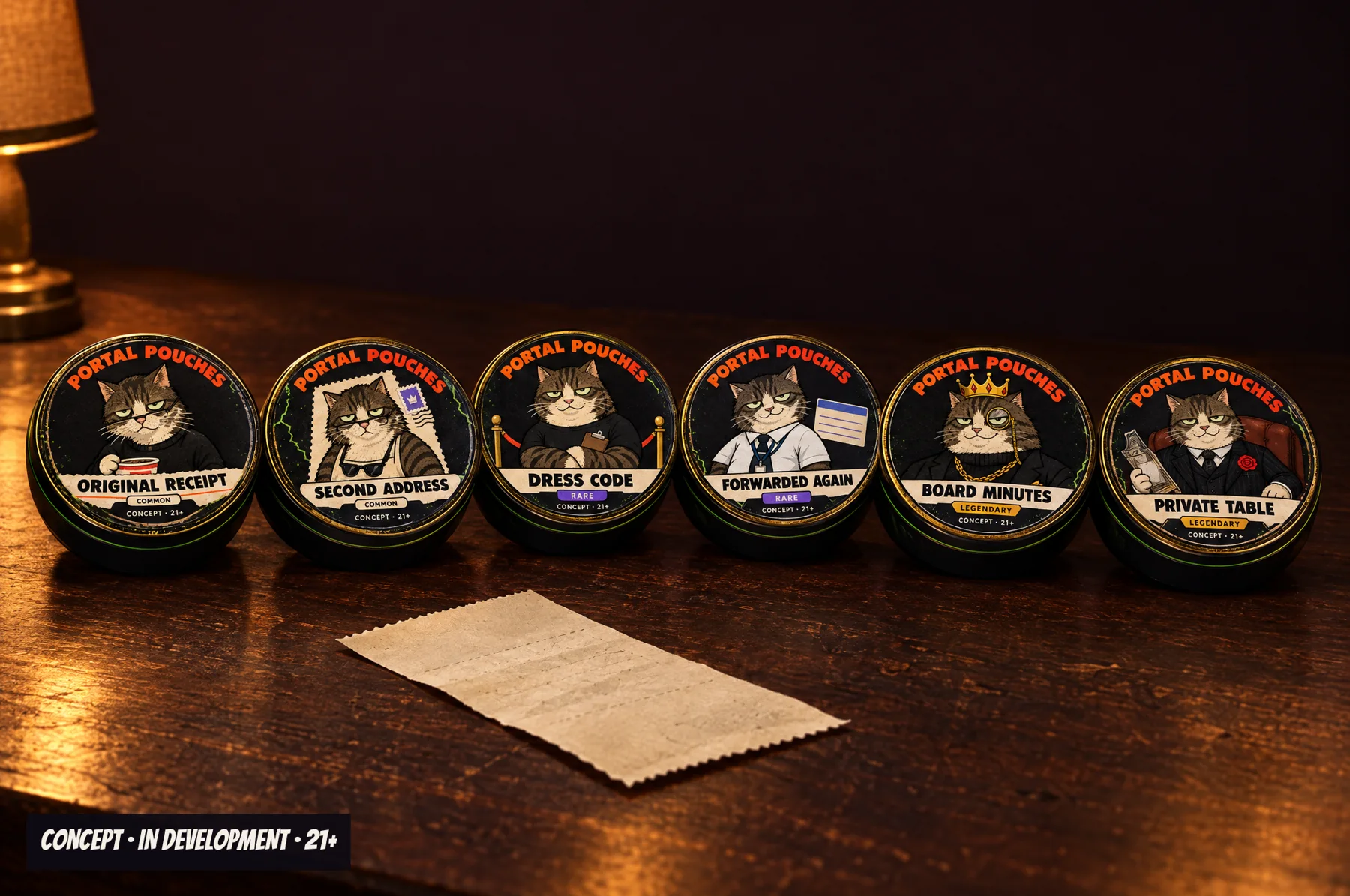 Six Portal Pouches concept cans lined up on a dark wooden desk under a lamp, each with a different Jerry on the lid.